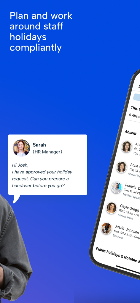 휴가 신청 승인 메시지와 부재 중인 직원 목록을 표시하는 BrightHR 모바일 앱 인터페이스