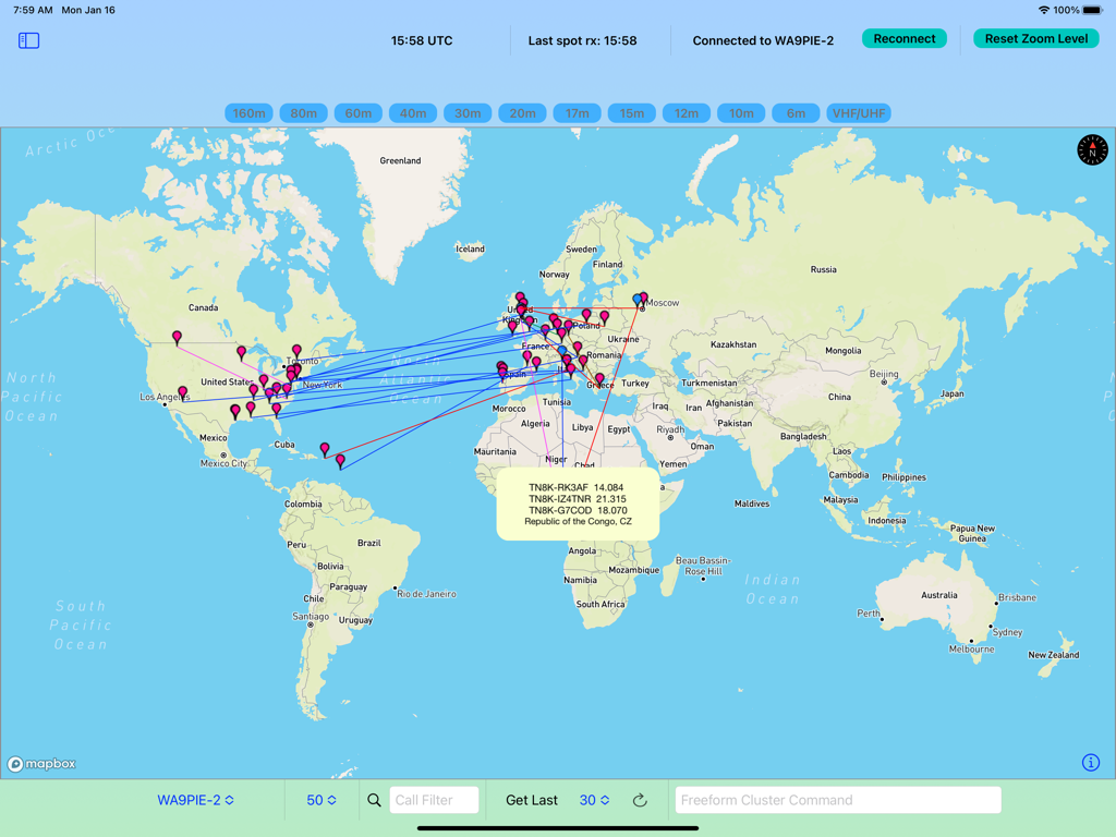 xCluster - xCluster iPadアプリのグローバルアマチュア無線交信スポットと信号伝搬線を示す世界地図