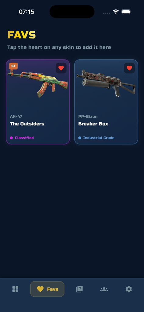 Gooddrop - Gooddrop 앱의 즐겨찾기 화면에 AK-47 및 PP-Bizon과 같은 저장된 무기 스킨 컬렉션 표시