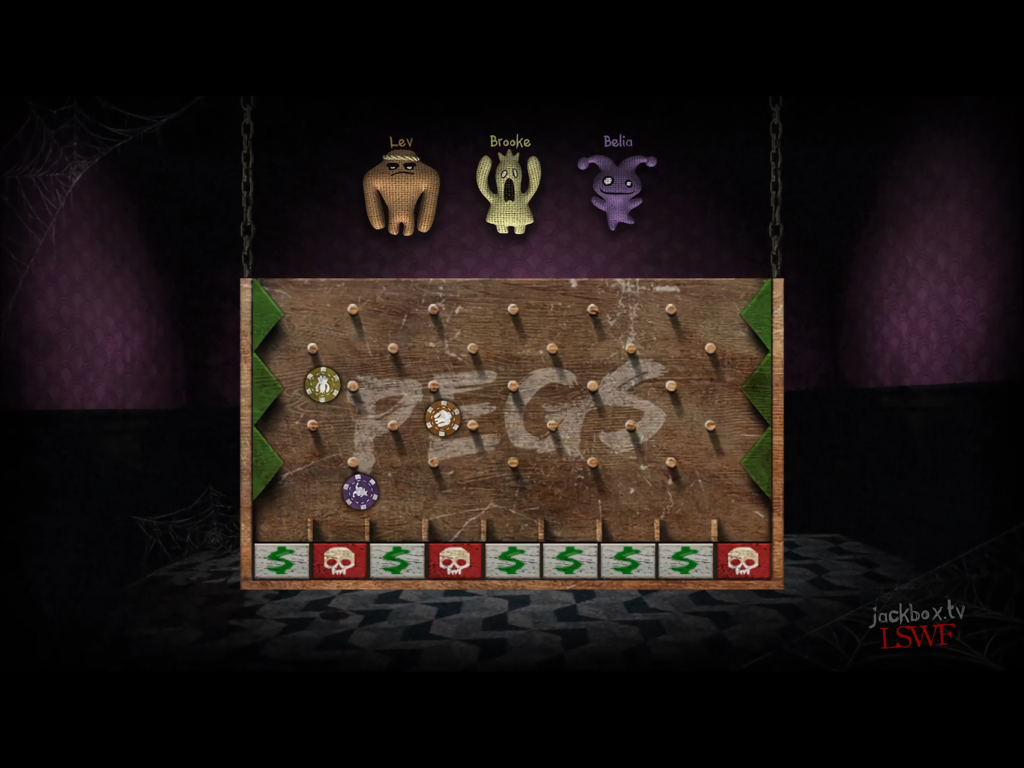 The Jackbox Party Starter - Una schermata di mini-gioco da Trivia Murder Party 2 con una bacheca di legno e avatar dei personaggi.