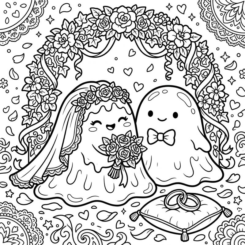 Celebrate a unique love story with this adorable coloring page featuring two gooey blobs tying the knot. This whimsical wedding scene, complete with charming details, is perfect for a delightful coloring experience.