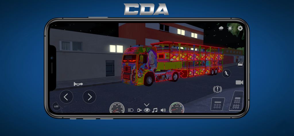 Carreta Da Alegria (Truck) - A brightly colored neon truck driving at night in the Carreta Da Alegria game.