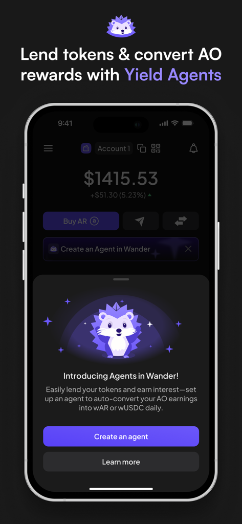 Wander Mobile - Wander Mobile app interface showing the Yield Agents feature for lending tokens and converting AO rewards.