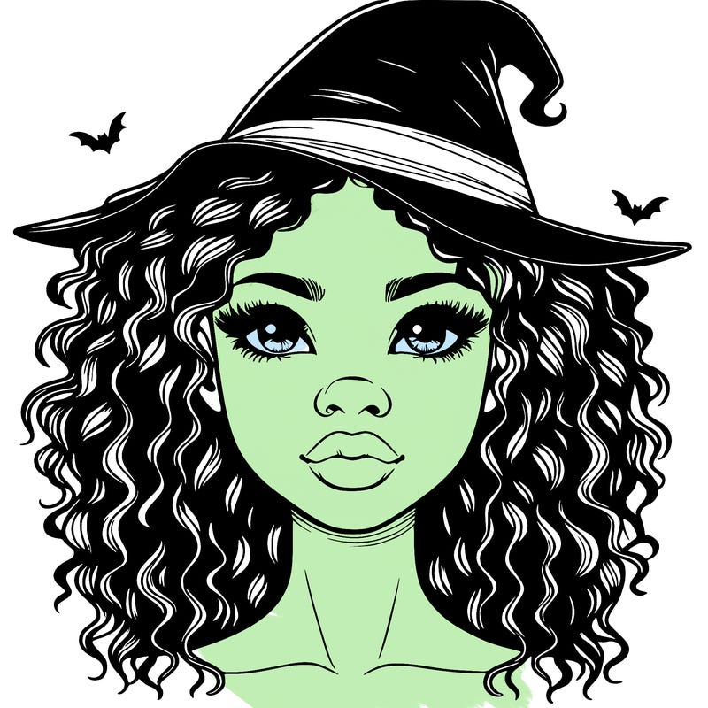 realistic black girl with wavy hair and witch hat and nose and lips