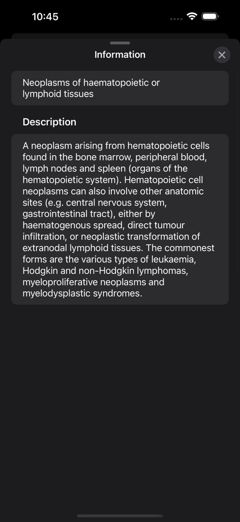 ICD-11 app information screen displaying the description for neoplasms of haematopoietic or lymphoid tissues.