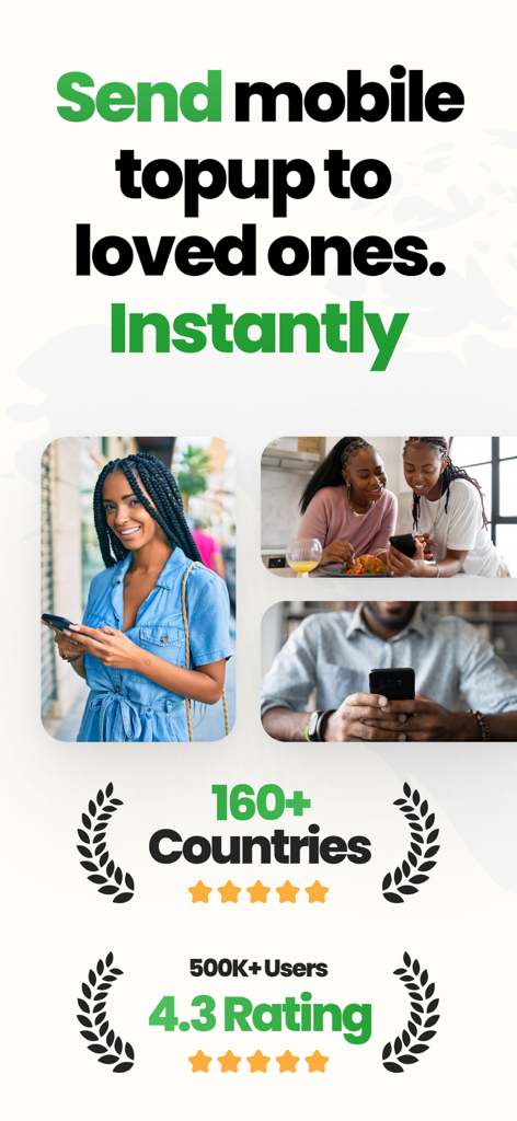 Sift Phone Recharge & Top up - Sift app screen for sending instant mobile topups to loved ones in over 160 countries.