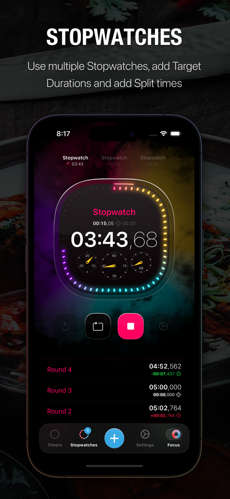 Multiple Timers & Stopwatches - Interface of the Multiple Timers & Stopwatches app showing a neon squircle stopwatch with round tracking and lap deltas.
