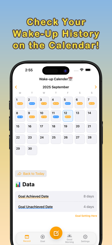 SALT app wake-up calendar view showing daily log times and goal statistics
