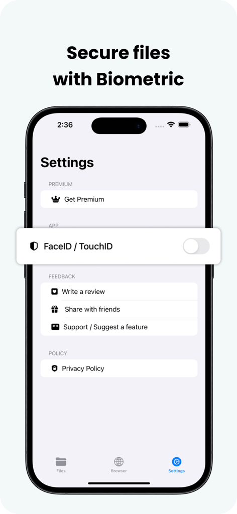 IDM App-Einstellungen, die FaceID- und TouchID-Optionen zur Sicherung von Dateien anzeigen
