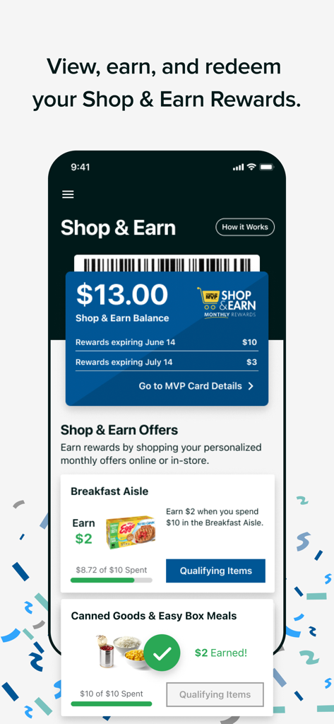 Food Lion - Food Lion mobile app screen displaying Shop and Earn reward balances and personalized shopping offers.