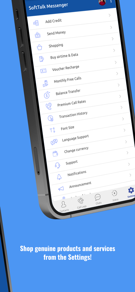 SoftTalk Messenger app settings screen showing shopping and financial service options