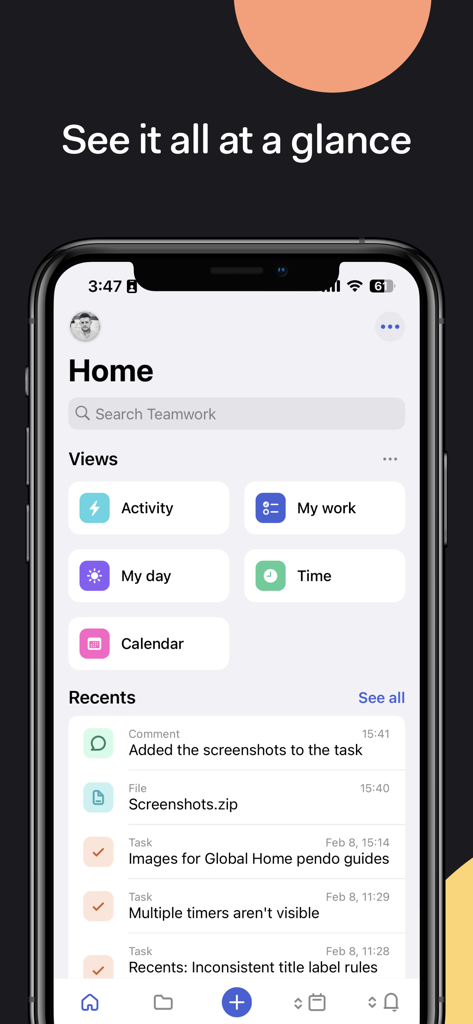 Teamwork app home screen showing a holistic view of workflows with quick access to activity, work tasks, calendar, and recent updates.