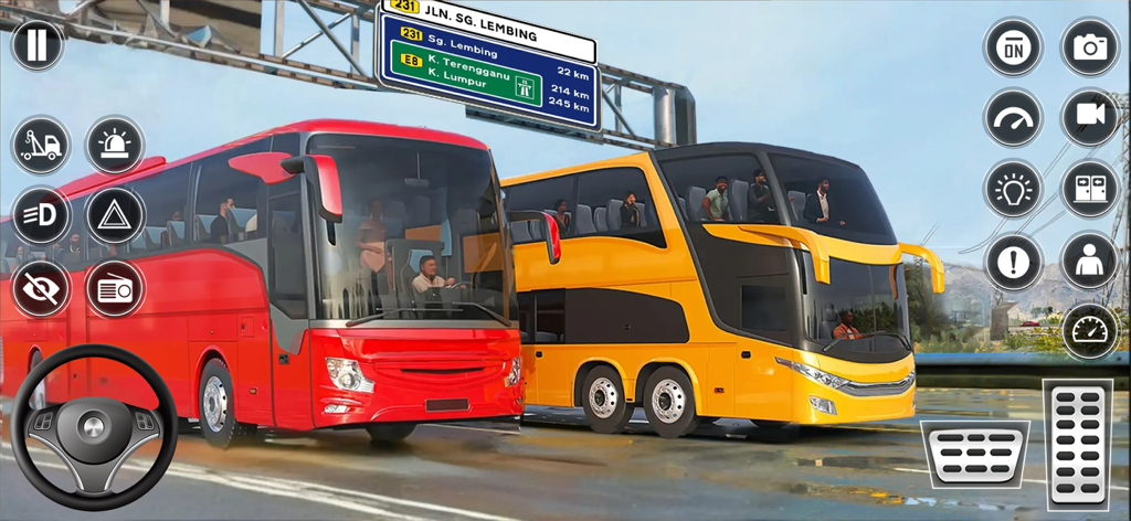 US Bus Simulator Coach Games - Captura de pantalla del juego de US Bus Simulator con un autocar rojo y un autobús de dos pisos amarillo en la carretera con interfaz de juego.