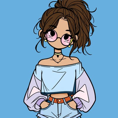 girl with a messy ponytail glasses a baggy crop top and jean shorts