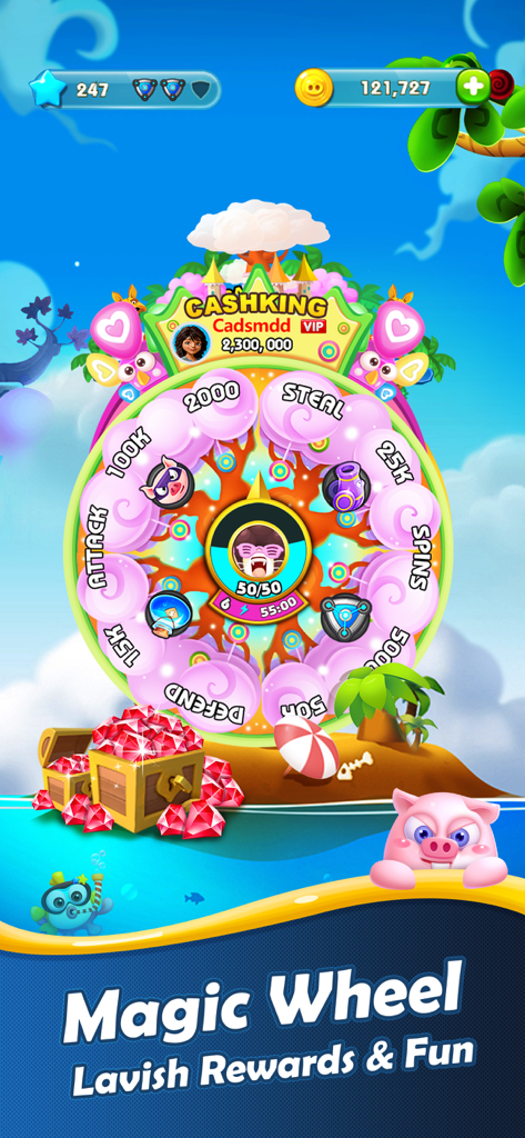 Piggy Boom - Gameplay screen of Piggy Boom showing the Magic Wheel with reward options like coins and attacks on a tropical island background