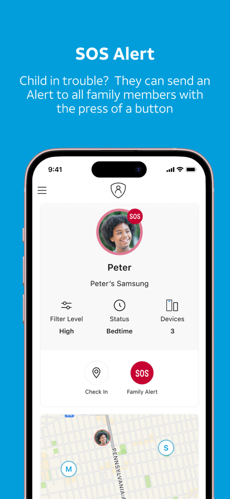 Interface of AT&T Secure Family app showing the SOS alert feature and child location tracking on a map.
