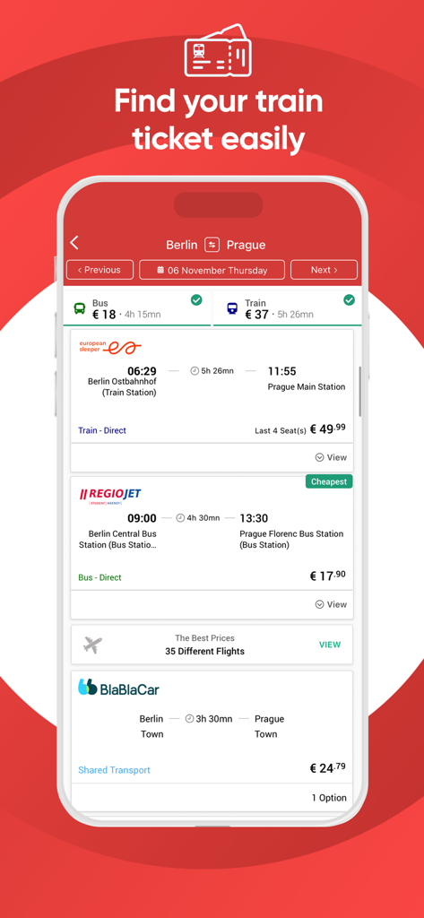Interfaz de la aplicación Obilet comparando opciones de autobús, tren y vuelo de Berlín a Praga