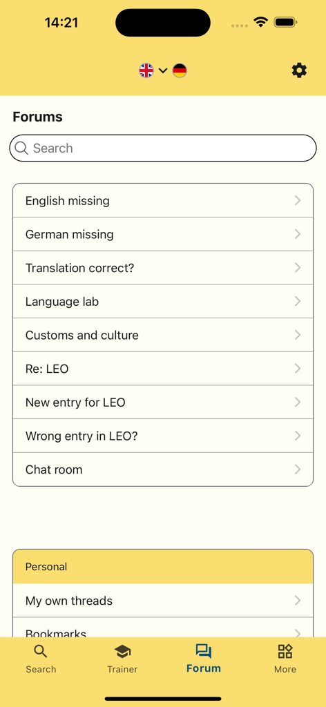 Interface of the LEO Dictionary app showing various forum categories for English and German language discussions.