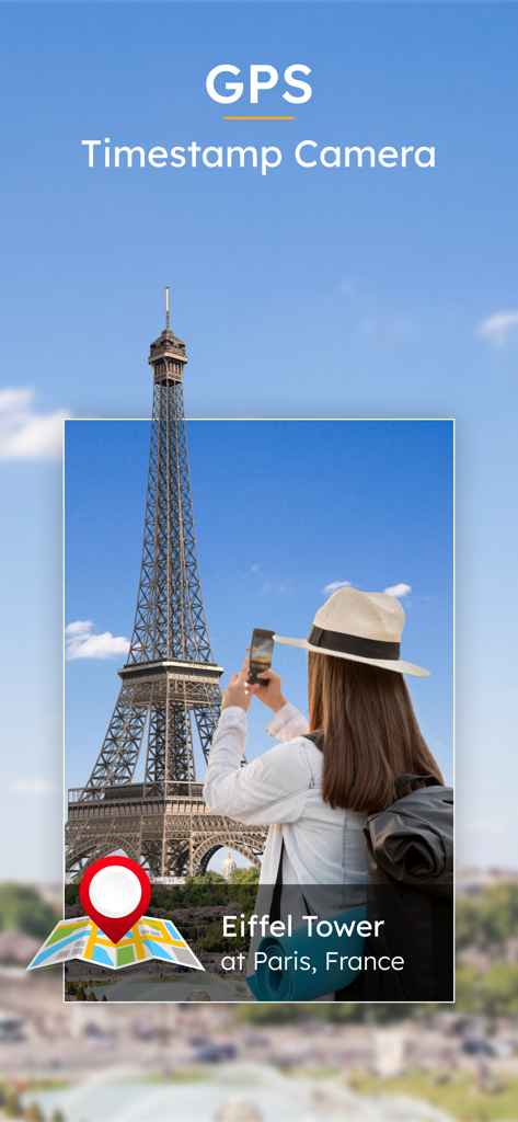 GPS Timestamp Camera - GPS Map - Un viajero tomando una foto de la Torre Eiffel con una superposición de sello de ubicación y dirección GPS