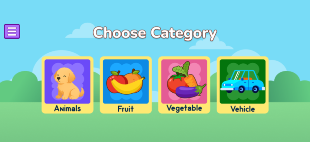 Spelling - Vocabulary A to Z - Pantalla de selección de categoría que muestra opciones de animales, frutas, verduras y vehículos para niños