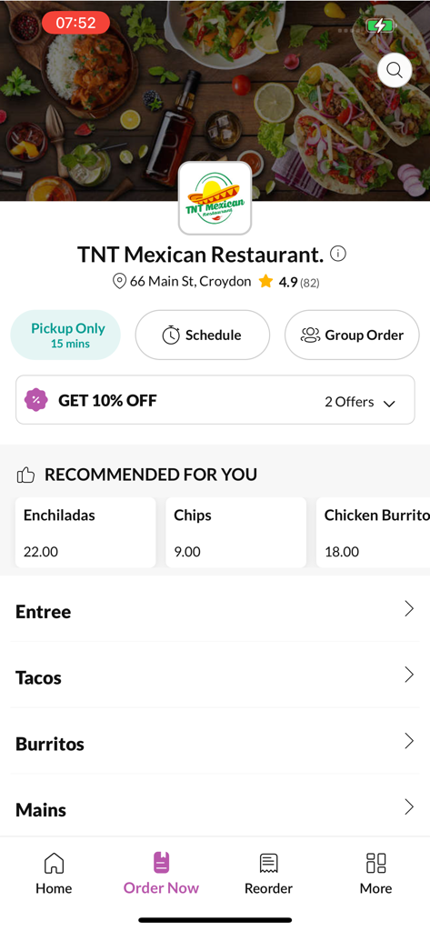 TNT Mexican Restaurant - User interface of the TNT Mexican Restaurant app displaying menu categories and recommended dishes