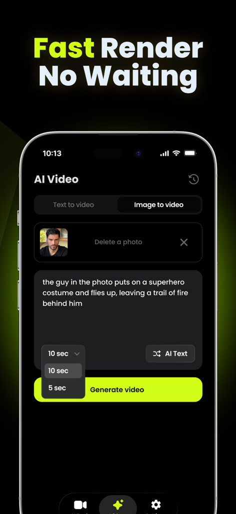 Create Videos for Higgsfield - Higgsfield app interface displaying image to video generation with a superhero prompt and fast rendering.