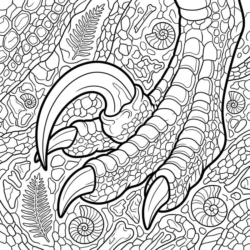 Dive into the ancient world with this captivating Velociraptor claws coloring page, specially designed for seniors. Enjoy the detailed reptilian textures and fossil motifs for a relaxing and engaging artistic experience.