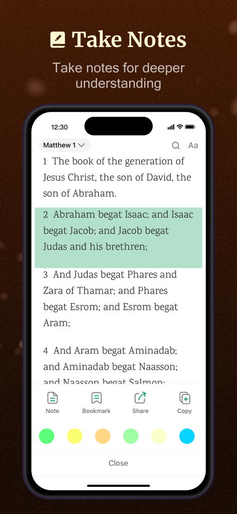A smartphone displaying the KJV Bible Now app interface showing how to highlight verses and take notes for study.