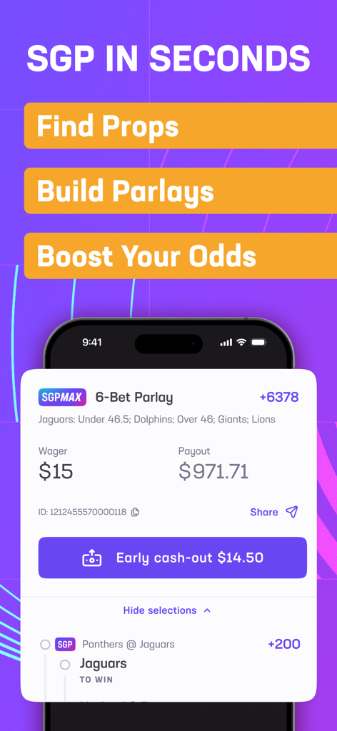 Hard Rock Bet: Sportsbook - Interfaz de la aplicación Hard Rock Bet mostrando las funciones de Same Game Parlay y un boleto de apuestas.