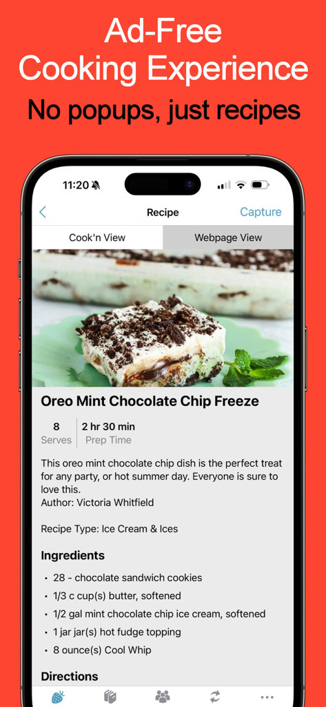 Recipe Keeper - Cook'n - Visual limpo sem anúncios de receita no aplicativo Cook n exibindo ingredientes e instruções para uma sobremesa