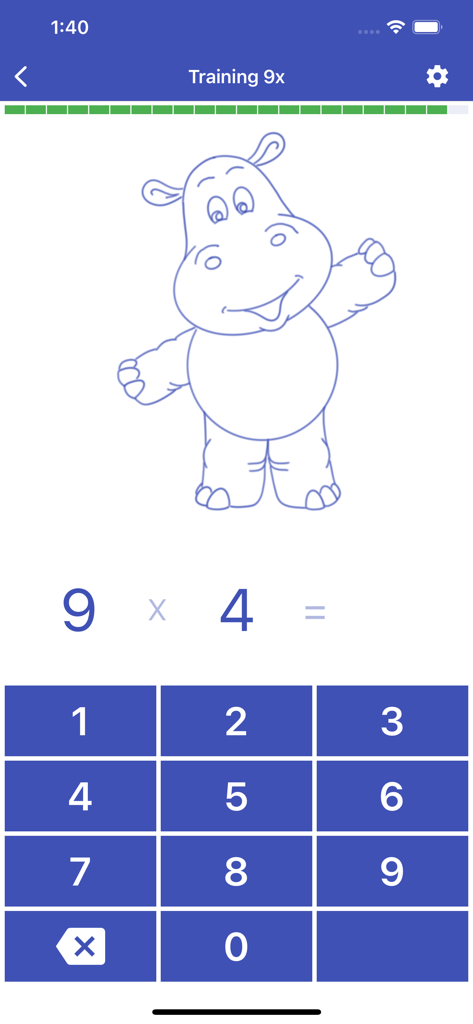 Multiplication Table. Trainer - A child friendly math quiz interface showing the multiplication problem nine times four with a cartoon hippo and numeric keypad