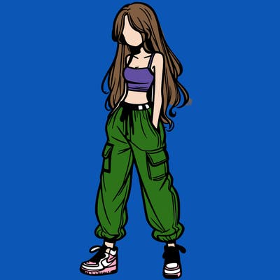 girl in baggy pants crop top and long hair