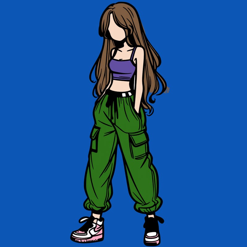 girl in baggy pants crop top and long hair