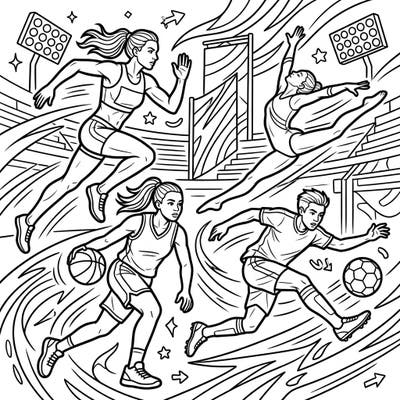 Experience the thrill of sports with this action-packed coloring page featuring a diverse group of athletes in motion. Perfect for sports enthusiasts and aspiring artists looking to add vibrant color to spirited scenes.