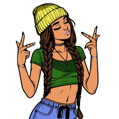 realistic teenage girl with braids and a beanie and crop top doing 🫶🏼