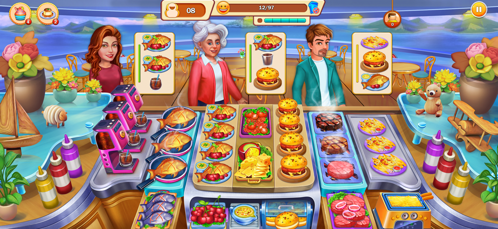 A vibrant restaurant kitchen scene in Food Cooking showing a chef serving fish and burgers to customers.