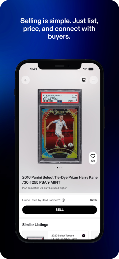 Fanatics Collect - Fanatics Collect app interface for selling a Harry Kane Panini Select sports card with guide pricing and authentication details.
