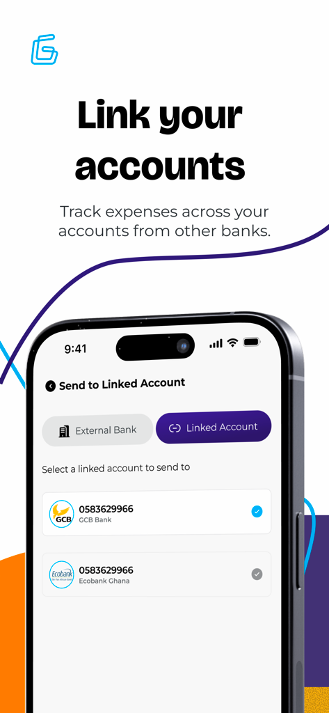 G-Money App - G-Money app interface showing the screen to link and track expenses from multiple bank accounts like GCB Bank and Ecobank Ghana