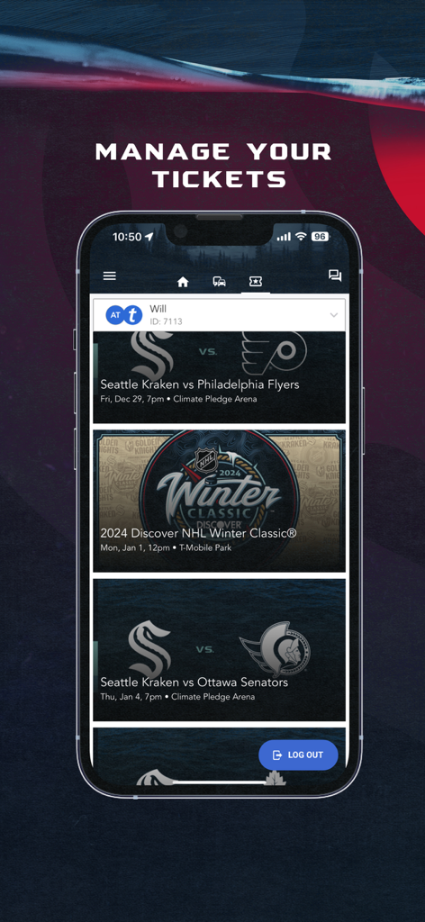 Seattle Kraken - Seattle Kraken mobile app ticket management screen showing upcoming NHL game entries.
