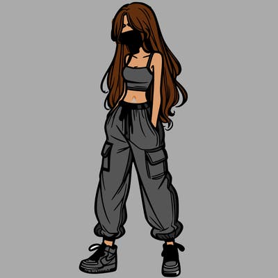 girl in baggy pants crop top and long hair