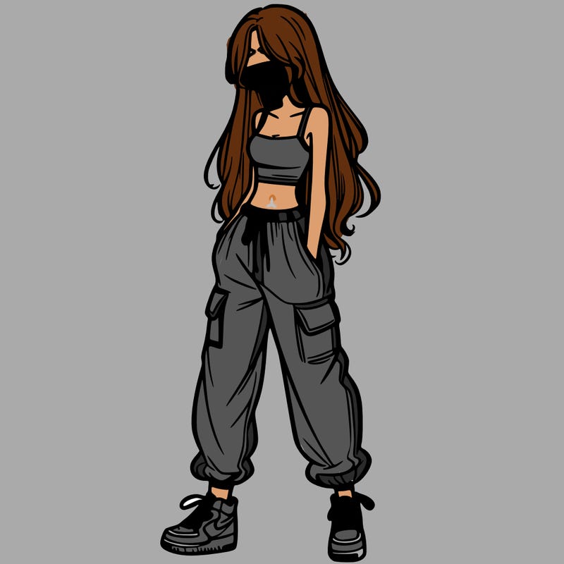 girl in baggy pants crop top and long hair