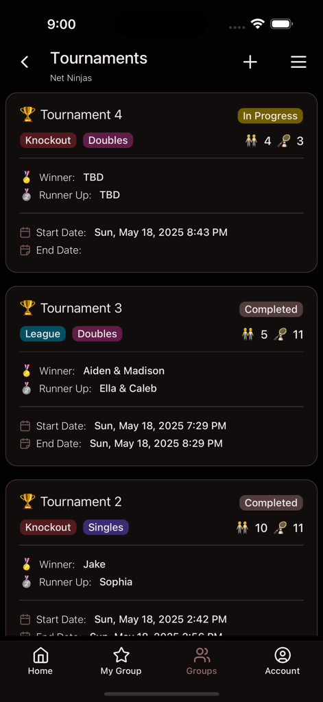 A list of badminton tournaments showing ongoing matches and completed results with winners and runner-ups