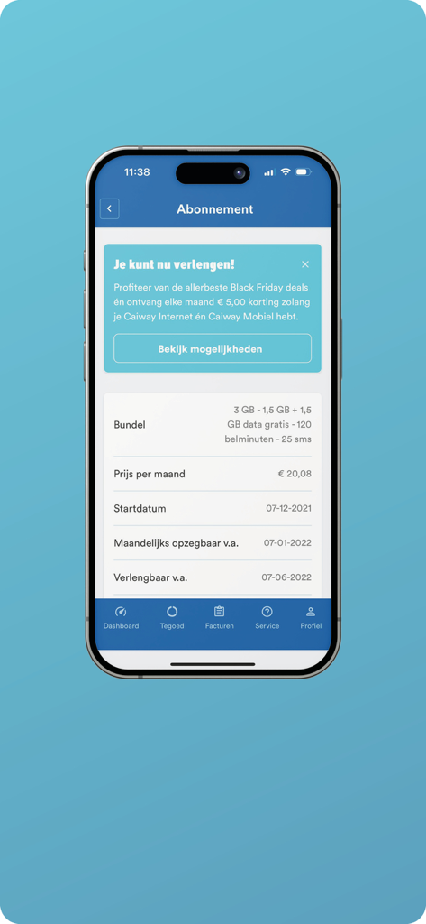Caiway Mobiel - Screenshot of the Caiway Mobiel app showing the subscription overview screen with data bundle and monthly cost information.