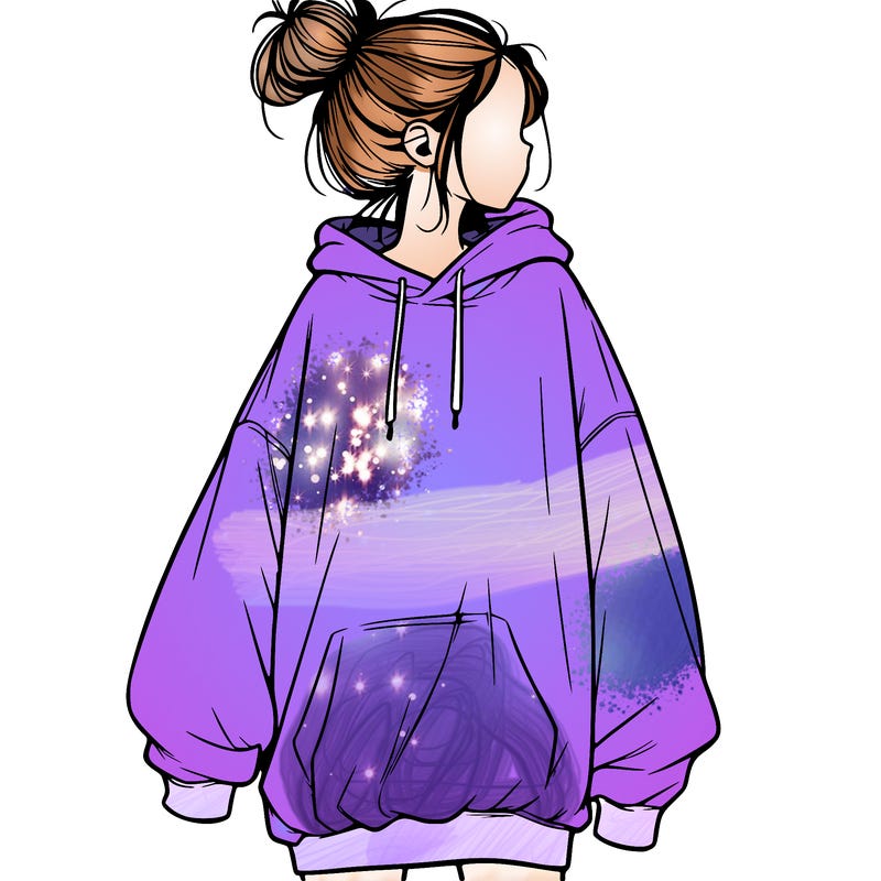 realistic girl with a oversized sweatshirt on and a bun