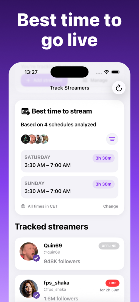 Stream Tracker for Twitch Live - Stream Tracker app screen showing optimal times to go live on Twitch and tracked streamers.