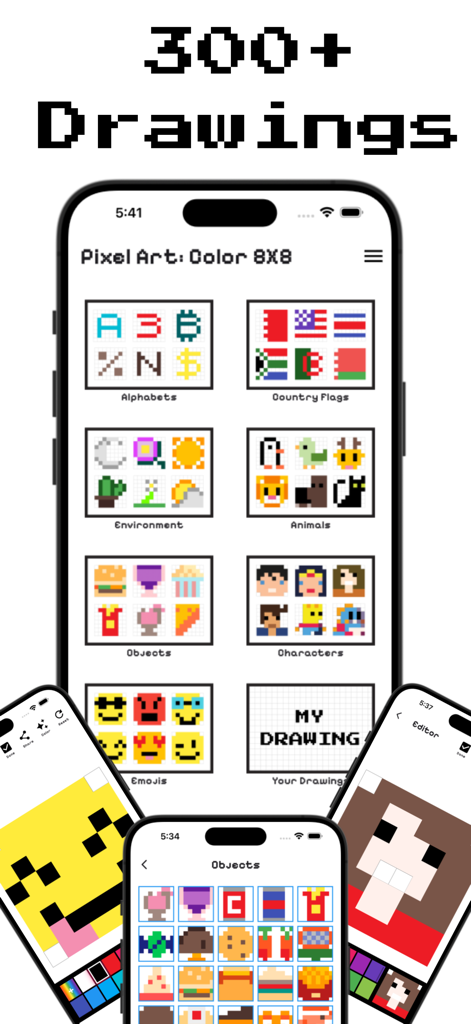Block Art Color PixelArt Photo - Screenshot of Block Art Color app showing various 8x8 pixel art categories like animals emojis and flags alongside the drawing editor