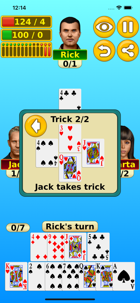 Spades - Play online & offline - Captura de pantalla del juego de cartas Spades que muestra a un jugador ganando una baza durante una partida.