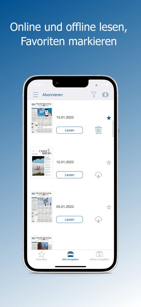 Smartphone-Bildschirm zeigt eine Liste von Bayerischen Landeszeitung-Ausgaben mit Download- und Favoritenoptionen