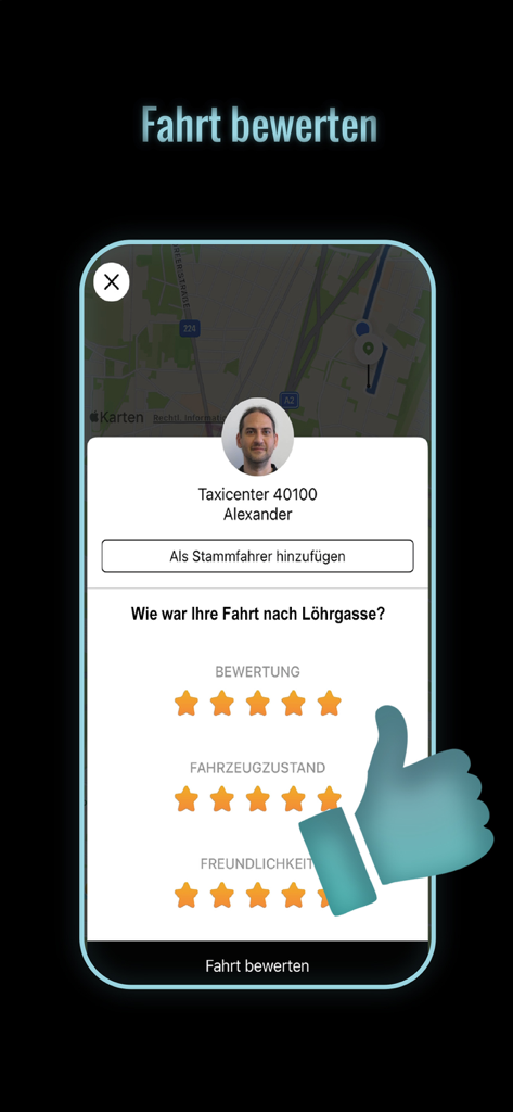 Taxi 40100 zum Fixpreis fahren - Taxi 40100 App-Oberfläche zur Bewertung einer Taxifahrt und der Leistung des Fahrers