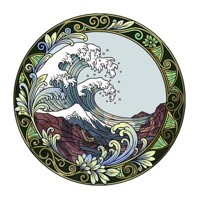 circular image, traditional japanese style, ocean with large waves crashing against the shore-line